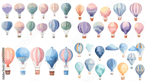 A pastel watercolor collection of hot air balloons with clouds in gentle tones, ideal for nursery art, travel themes, invitations, posters, and whimsical creative projects.