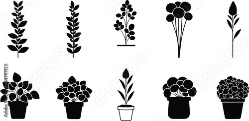 Minimal plant silhouette icons set, black botanical foliage collection, potted houseplants, floral stems, modern vector illustration for design branding decor