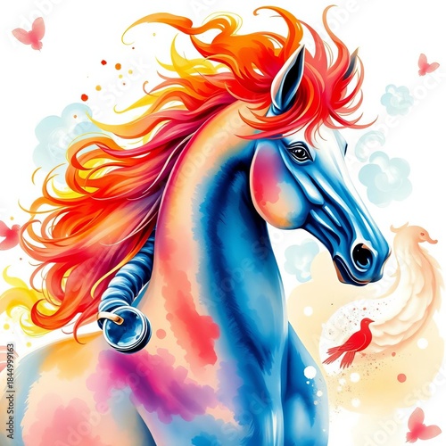 Galloping Chinese watercolor horse with flaming mane, art, equestrian
