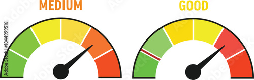 Performance gauge meter vector illustration, medium and good level indicators, colorful speedometer chart, rating dashboard design concept