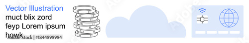 Cloud computing, data storage, networking, digital platforms, internet services, connectivity. Stacked disks, cloud shape and a user interface with network elements. Cloud computing and data storage