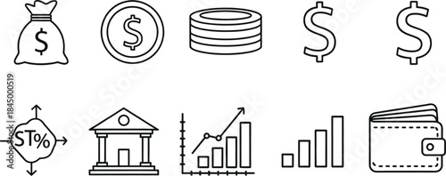 Financial Icons Set Money Bag Coins Bank Graph Wallet ST Keywords: money bag, coins, bank, graph, wallet, ST, finance, business, economy