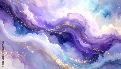 Ethereal Dreamscape of Swirling Violet and Gold Clouds Adorned with Shimmering Particles, Evoking a Sense of Mystical Beauty and Cosmic Wonder