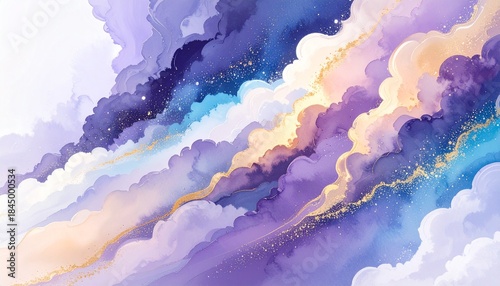 Abstract Swirling Clouds with Gold Accents, Artistic Watercolor Background Texture