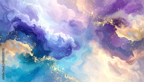 Mesmerizing Abstract Fluid Art A Dreamlike Celestial Canvas with Swirling Amethyst and Sapphire Hues, Illuminated by Glimmering Golden Veins