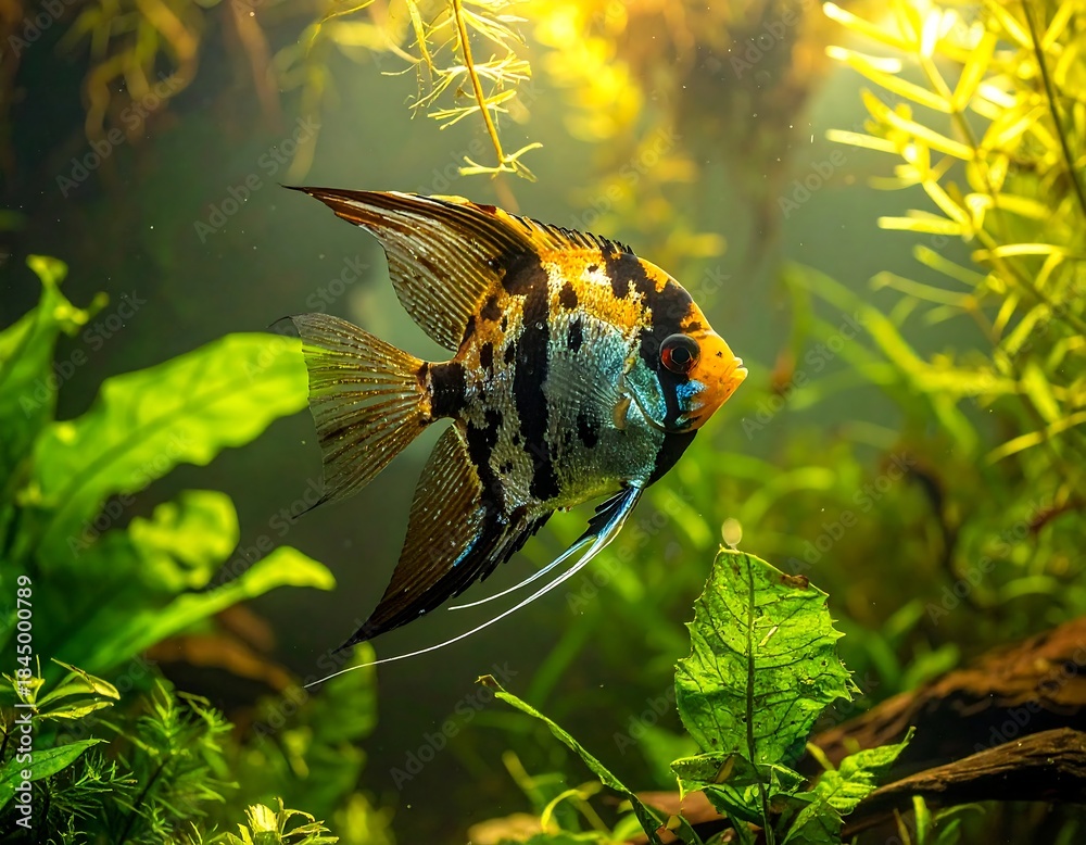Fototapeta premium A vibrant, patterned fish swims in a lush, aquatic environment
