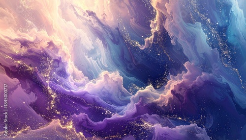 Abstract Ethereal Fantasy Nebula in Dynamic Swirling Colors, Featuring Radiant Purple, Blue, and Gold Tones with Sparkling Luminescent Dust, a Mystical Dreamscape Background