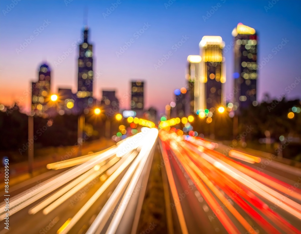 Fototapeta premium Chicago city lights at night with blurred traffic trails.