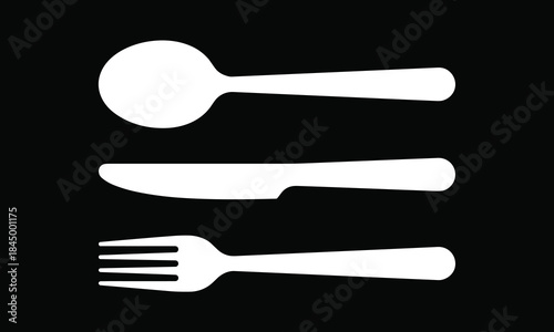 Kitchen cutlery silhouette set with spoon knife fork shapes, minimal white flatware icons isolated on black background design