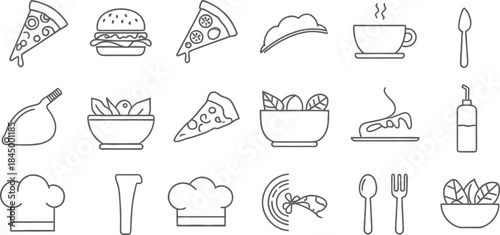 Hand Drawn Food Icons Including Pizza Burger Coffee Salad And Cake