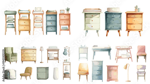 A cozy watercolor collection of nursery furniture including dressers, chairs, lamps, and storage pieces in soft pastel tones, perfect for baby room design and gentle creative projects.