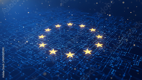 EU stars glow on abstract digital network. Futuristic tech connects global data points. Cybersecurity laws ensure data protection privacy for all citizens. European Digital Governance, Cybersecurity