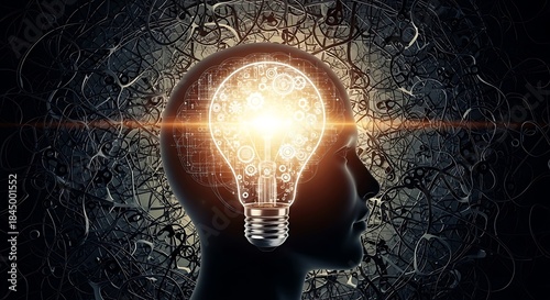 Conceptual silhouette of a human head illuminated by a glowing incandescent lightbulb representing thought processes