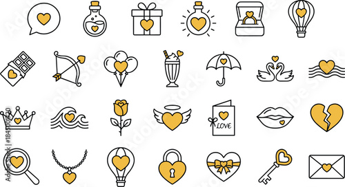 Romantic love icon set with heart symbols, wedding elements, valentine signs, minimal line style vector illustration collection, for modern design
