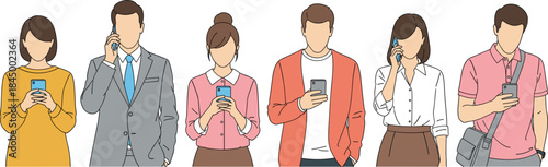 People using smartphones communication concept with diverse men and women texting calling and browsing on mobile devices flat vector