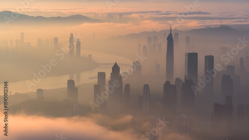 Hong Kong or Shenzhen City Skyline in Foggy Weather at Sunrise/Sunset