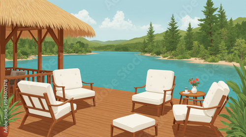 Relaxing lakeside patio with comfortable chairs and gazebo