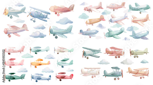 A charming watercolor set of vintage airplanes and clouds in soft pastel tones, perfect for travel themes, nursery decor, aviation design, kids illustrations, and whimsical creative projects.