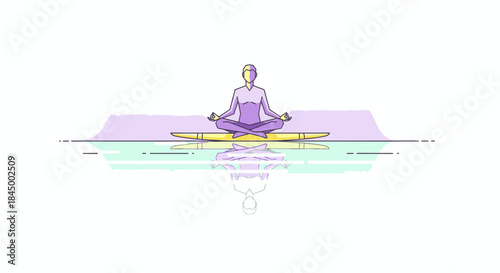 Abstract minimalist illustration of a person meditating in a peaceful lotus position, reflecting on a calm surface, symbolizing inner peace and spiritual balance.