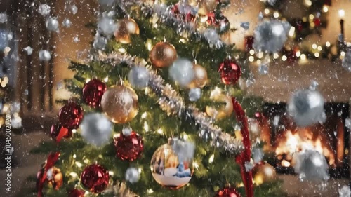 Decorated Christmas tree with falling snow.