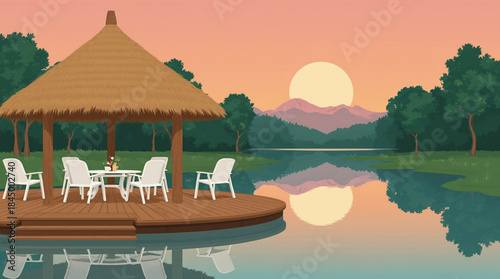 Tranquil lakeside pavilion with mountain sunset and reflection