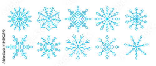 Light blue linear snowflakes collection. Simple snow flake icon set for Christmas and Happy New Year decor, winter holiday decoration, greeting card, logo design elements. Vector illustration pack