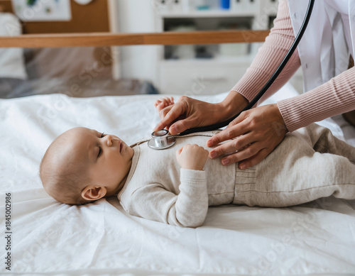 Caring Male Pediatrician Gently Examining a Healthy Baby During Medical Checkup in a Bright Modern Hospital Room, Showing Professional Healthcare, Child Care, and Trust Between Doctor and Infant
