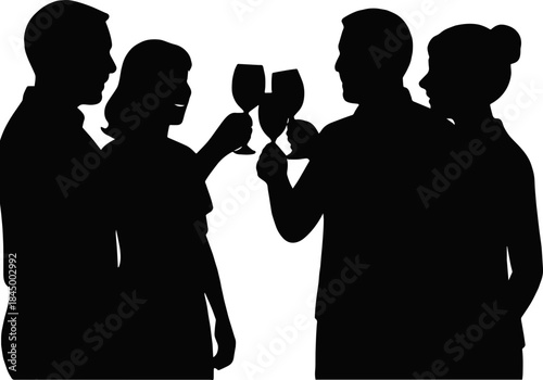Silhouette of four people toasting with wine glasses in celebration