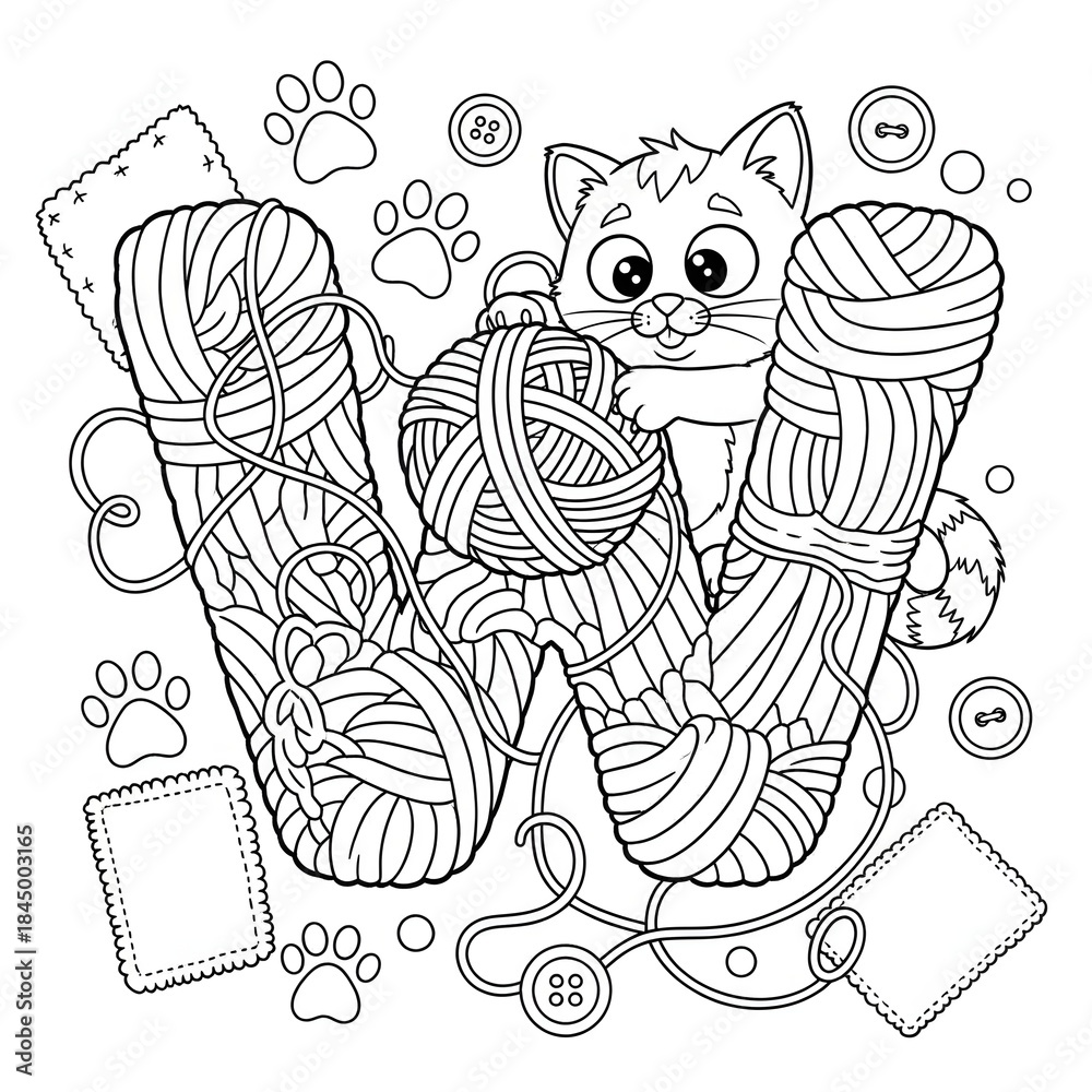 Fototapeta premium Kitten and alphabet letter W coloring page. Adorable cartoon cat illustration. Playful kitten on a huge yarn ball that forms the letter W with buttons. Craft and pet activity sheet for kids