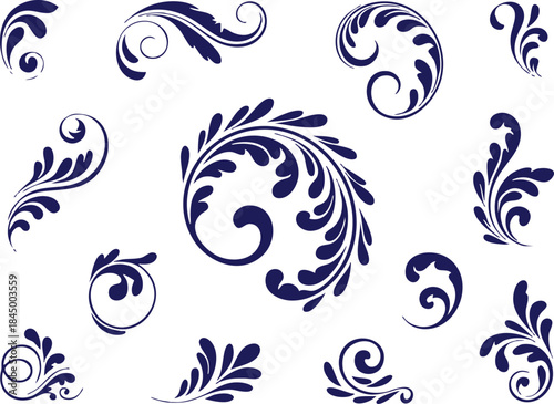 Set of Decorative Blue Floral and Scroll Elements, Elegant Blue Swirls and Flourishes Vector Set, Vintage Floral Design Elements, Decorative Corner and Border Scrolls, silhouette, illustration, vector