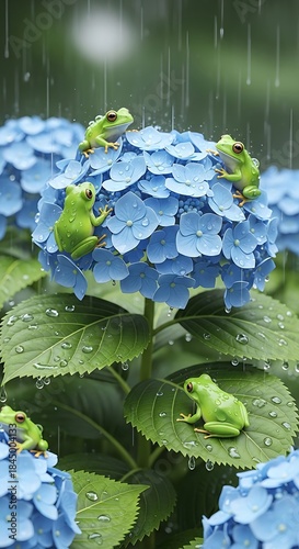 Small bright green amphibians rest among vivid blue blossoms during a refreshing downpour