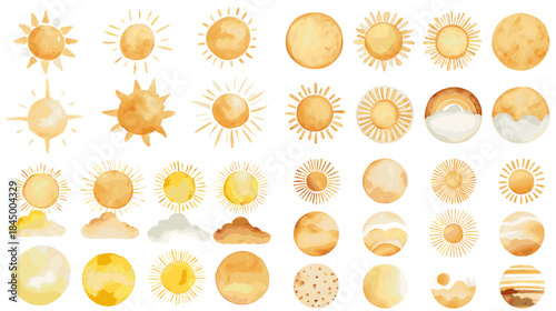 A warm watercolor collection of sun icons in soft golden tones, featuring rays, clouds, and textured circles, perfect for weather design, nursery art, patterns, and cheerful creative projects.