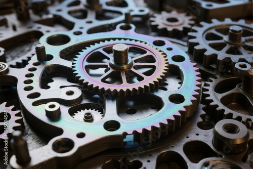 Close-up of interlocking metallic gears with iridescent surface finish