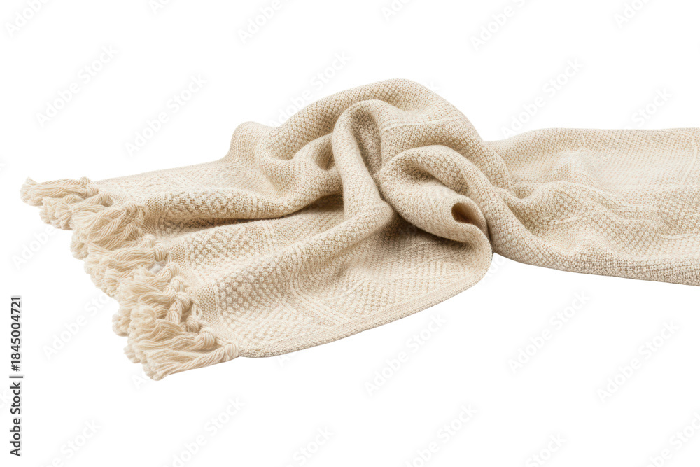 © lovehidden - Soft beige knitted wool throw blanket with decorative tassels isolated on a transparent background © lovehidden - Soft beige knitted wool throw blanket with decorative tassels isolated on a transparent background