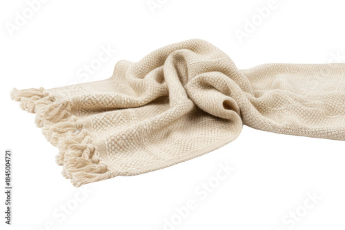 Soft beige knitted wool throw blanket with decorative tassels isolated on a transparent background