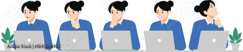 Woman working on laptop showing thinking problem solving and creative idea process in office workspace flat vector illustration