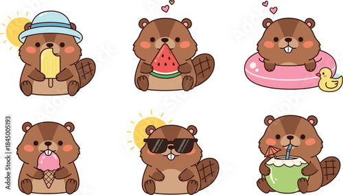 Cute beaver character vector set with summer activities, food, swimming ring and funny expressions for kids illustrations and mascots