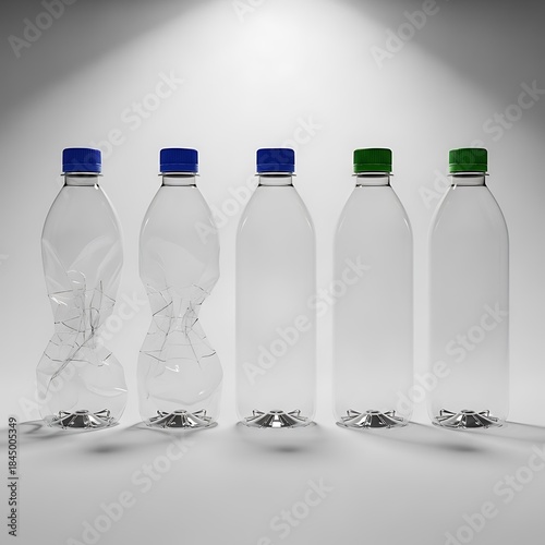 Sequence of clear plastic beverage containers demonstrating recycling preparation stages