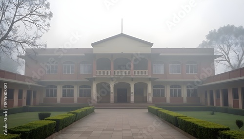 Hyper-realistic view of a school environment affected by severe air pollution and high AQI, with dense smog reducing visibility. Concept image highlighting child health, education disruption