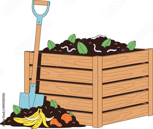 Home composting wooden bin vector illustration with food waste, garden shovel and organic recycling concept for eco friendly lifestyle designs