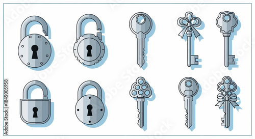 Collection of stylized keys and padlocks icons for security and access themed design projects