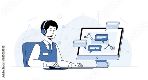 Customer service representative assisting customers through online communication channels using