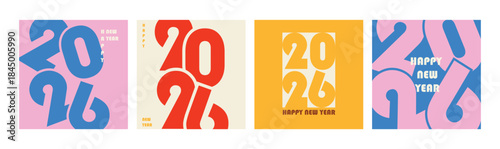 Happy New Year 2026 Modern Typography Poster Design. Minimal yet playful graphic style suitable for greeting cards, social media posts, banners, calendars, and branding celebrating the new year.