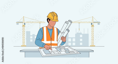 Professional construction worker reviewing blueprint plans on a building site overseeing