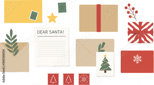 Christmas letter and postal elements vector set with envelopes, Dear Santa note, stamps, gift boxes and festive holiday stationery illustration