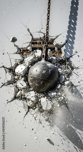 Heavy metal sphere impacts wall creating debris and cracks during controlled demolition