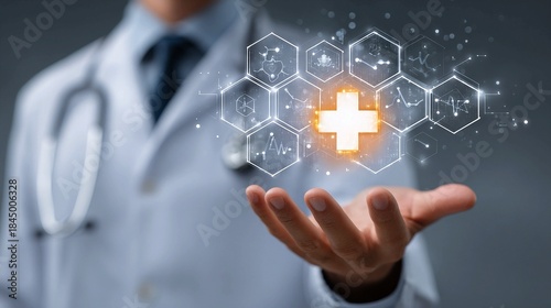 Doctor presenting innovative medical technology and healthcare advancements with digital interface and glowing cross symbol