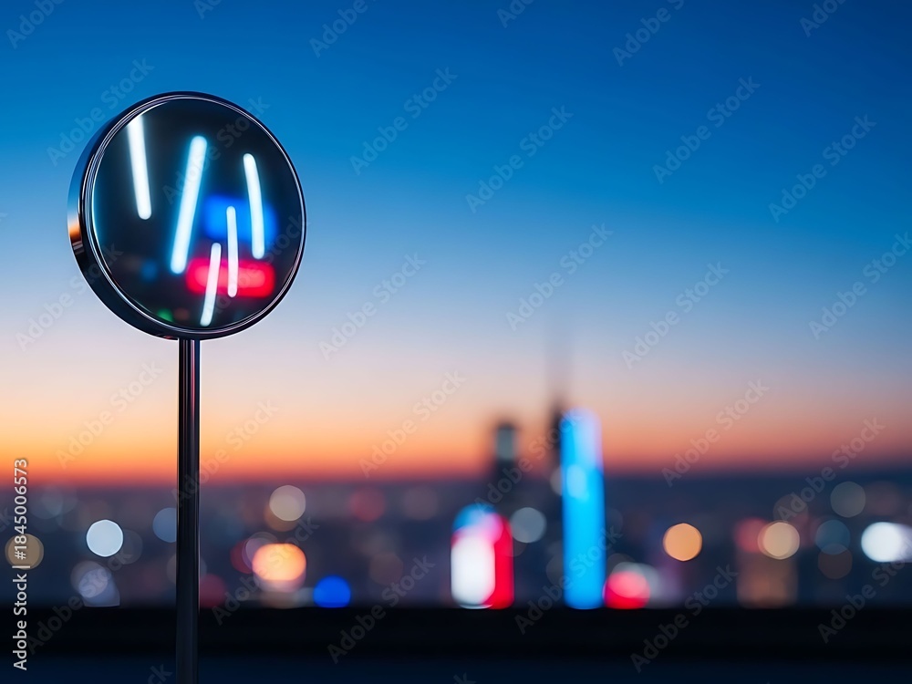 Naklejka premium Neon Sign with Blurred Cityscape Sunset in the Background