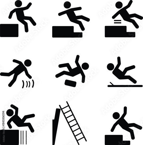 Various safety warning icons illustrating different scenarios of falling and tripping hazards