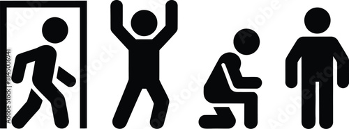 Various stick figure pictograms showing different actions like exiting, celebrating, kneeling, and standing
